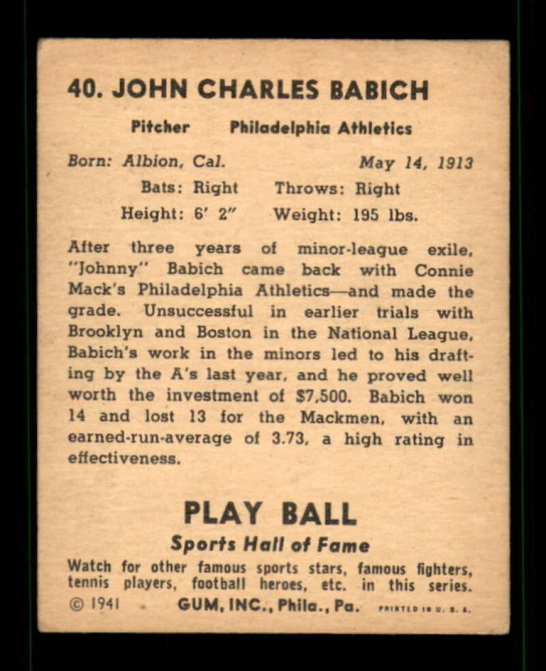 1941 Play Ball #40 Johnny Babich VG/VGEX Athletics 551319 - Image 2 of 2