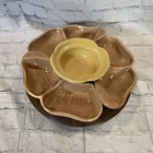 Vintage 1960'S McCoy Pottery Tan Flower Lazy Susan Chip & Dip Serving Set