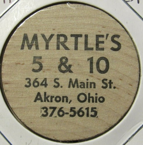 Vintage Myrtle's 5 & 10 Akron, OH legno nichel - gettone Ohio - Foto 1 di 2