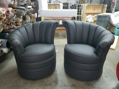 PAIR OF BLACK LEATHER ART DECO STYLE FAN BACK SWIVEL CLUB CHAIRS