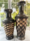 Set of 2 Rustic Clay Vases with Woven Rattan Accent | Farmhouse Boho Decor