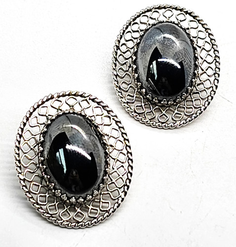 Whiting and Davis vintage signed hematite silver clip on earrings