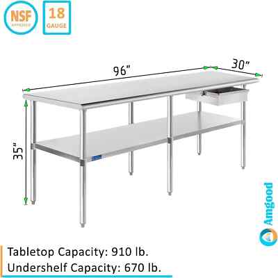 Table for Prep&Work,NSF Stainless Steel,Heavy Duty for Commercial Kitchen96''x 30