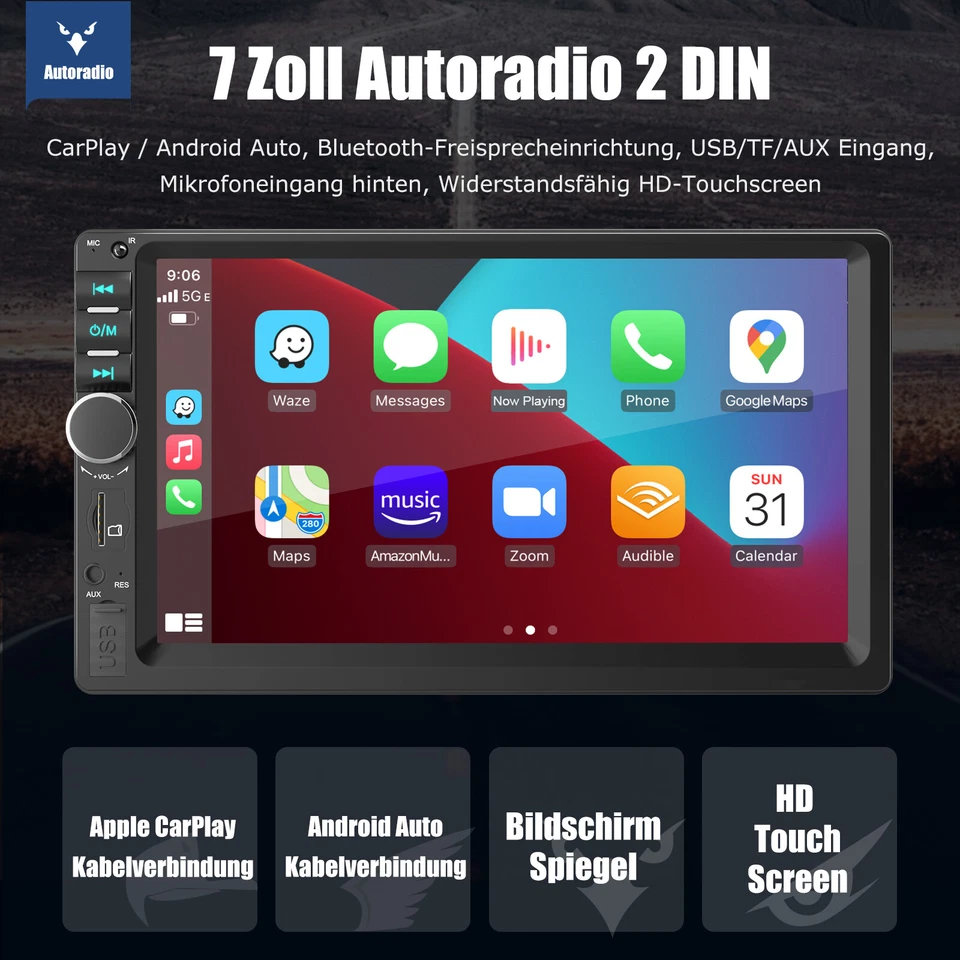 Doppel 2 DIN Autoradio 7 Zoll Carplay Android Auto Bluetooth USB AUX TF Kamera - Bild 3 von 4