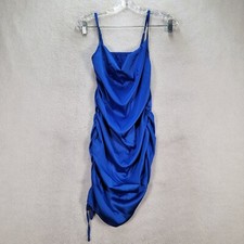 Blue Shiny Satin Ruched Drawstring Clubwear Sexy Bodycon Womens Dress Size XS