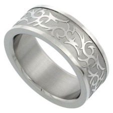 Stainless Steel 8mm Flat Wedding Band Ring Etched Tribal Design Sizes 7 to 14