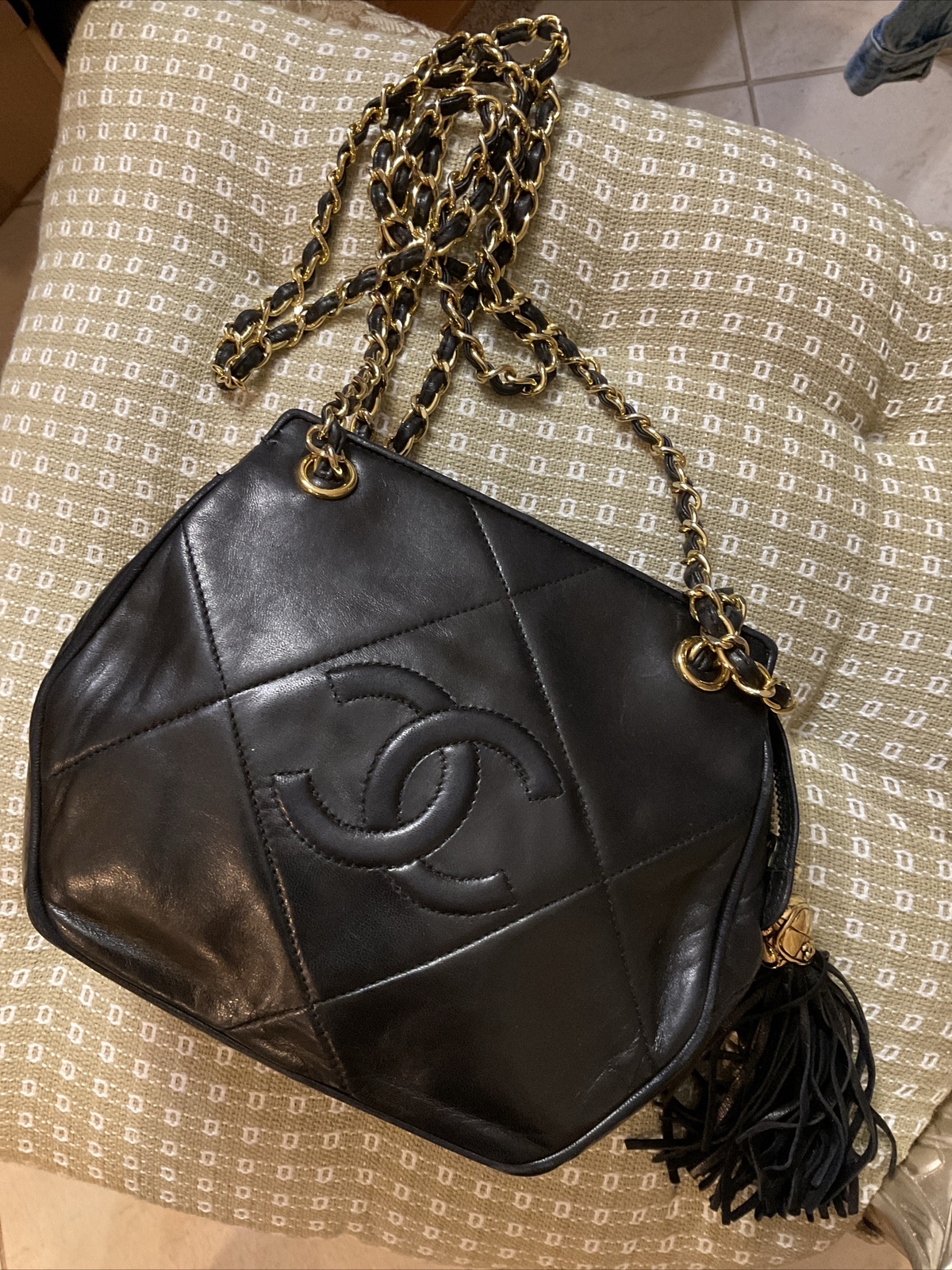 CHANEL Black Vintage Tassel Bag Quilted Lambskin Leather Authentic