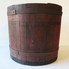 Antique WOODEN SAP BUCKET in RED PAINT with Metal Bands & Hanging Hook 11" #2