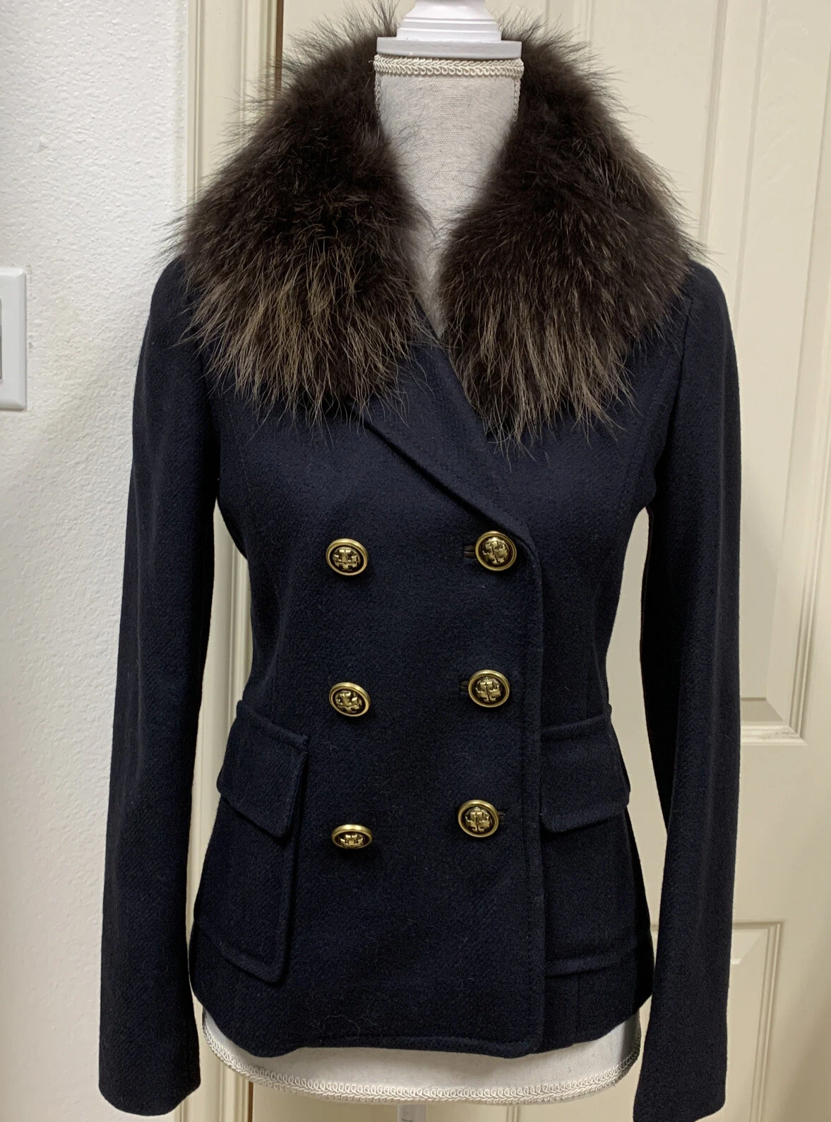Cappotto in pelliccia rimovibile Alexandre blu navy EUC TORY BURCH donna taglia 4