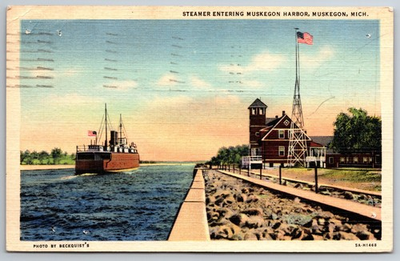 #ad #ad Steamer Entering Muskegon Harbor Michigan 1950 Lansing Pittsfield MA Postcard $2.99