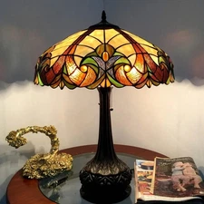 Victorian Tiffany Style Lamp 2 Light Stained Glass Antique Bronze Base Table Art