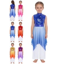 Girls Praise Dance Asymmetrical Hem Dress Sequins Worship Liturgical Tunic Sets