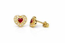 14K Yellow Gold Birthstone Heart with CZ Stud Earrings Screw Back