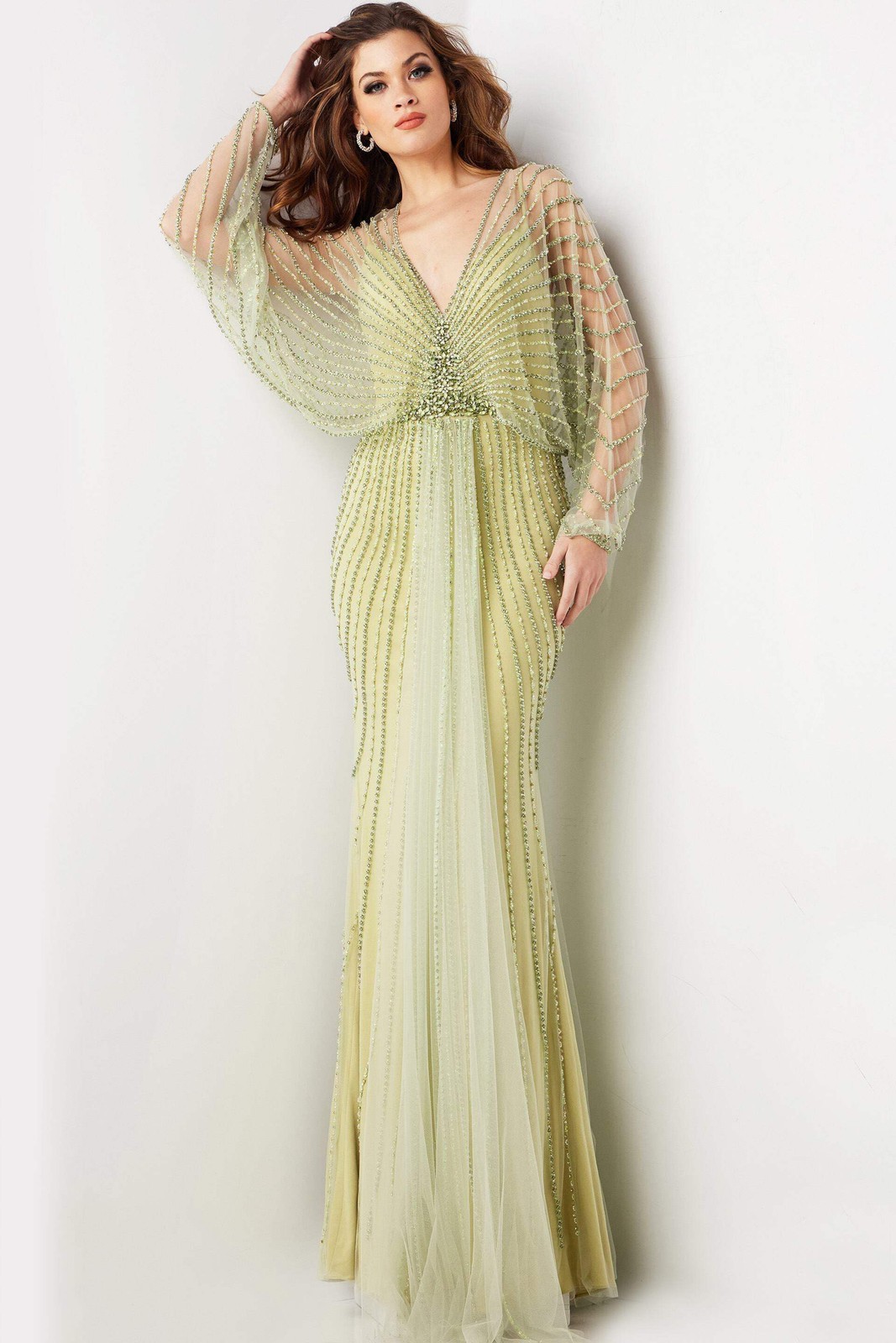Long Sleeved V-neck Ball Gown with Crystal Chiffon Layered Party Evening Dress