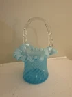 Fenton Aqua Or Sky Blue Ruffled Glass Basket.  Blue Spiral Made In 1939.