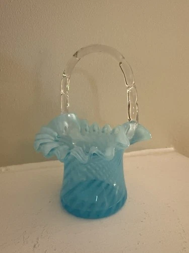 Fenton Aqua Or Sky Blue Ruffled Glass Basket.  Blue Spiral Made In 1939.