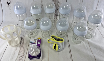 AVENT Philips Glass Baby Bottle Lot 10 4 & 8 oz 2 Sleeves & Nipples