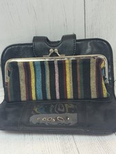 Vintage Black Leather Wallet Kiss Lock Coin Purse Colorful, Stripe Lining Snap