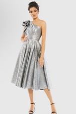 Mac Duggal #67907 Silver Brocade  One Shoulder Midi Dress, Size 2 NWT