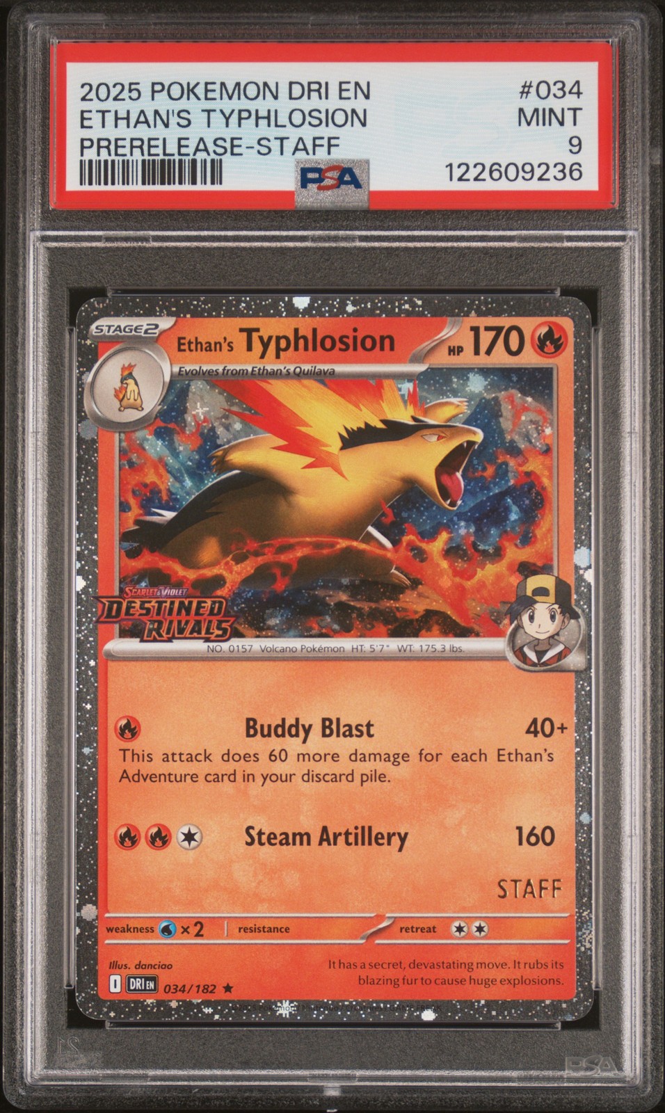 2025 POKEMON DRI EN-DESTINED RIVALS PRERELEASE-STAFF ETHAN'S TYPHLOSION PSA 9