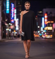 Three Eighty Two Dress Womens Large Black One Shoulder LBD Cocktail Minimalist