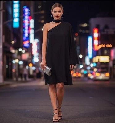 Three Eighty Two Dress Womens Large Black One Shoulder LBD Cocktail Minimalist