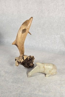 Dolphin Lot Of 2 Hand Carved Stone & Jempinis Wood Nautical Fish SEE PHOTOS 