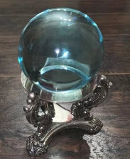 Vintage Godinger Crystal Art Glass Blue Bubble Sphere Paperweight Dragon Stand
