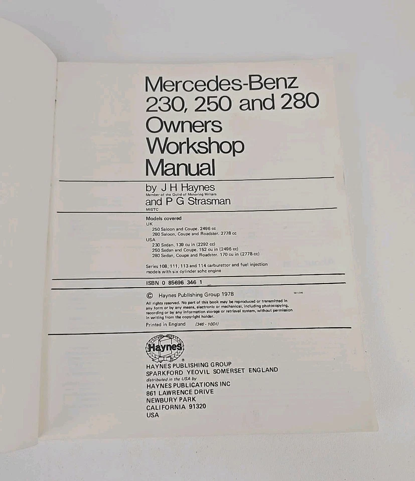Manual de taller del propietario vintage Haynes Mercedes Benz 230, 250 y 280 68-72 Nº 346 Foto 4 de 4
