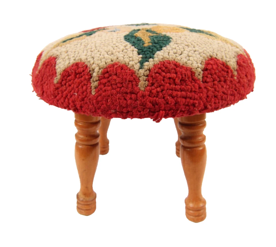 Small Foot Stool Floral Hook Rug Cover Red Green Blue Super Cute Gently Used - Image 2 of 4