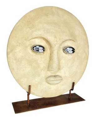 Vintage Moon Face Plaster Large Round Plaque Modernist Sculpture Art on Stand