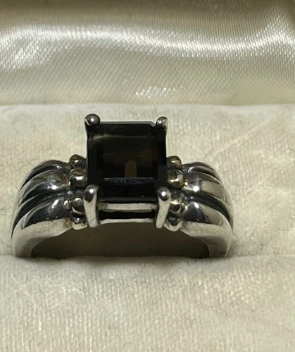 VTG Avon .925 Silver, Smoky Quartz Ring Brown Emerald Cut Sz 9 Retro Cocktail