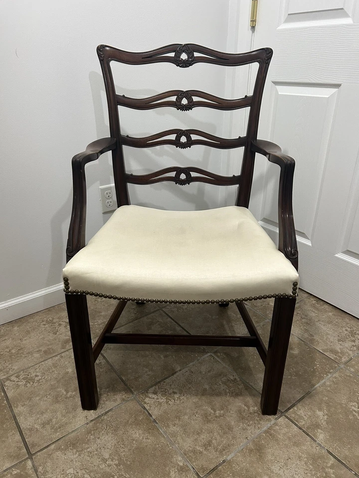 Set of 7 Or 8 Vintage Ladder Back Mahogany Dining Chairs – Cream Upholstery - Image 4 of 4
