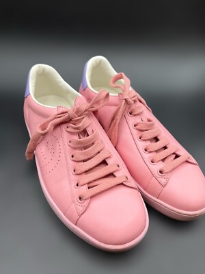 Pink Leather Gucci Women's Ace Perforated Logo Low Top Trainers