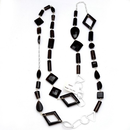 Natural Smoky Quartz 925 Sterling Silver Mix Shape Long Chain Fashion Necklace - Picture 3 of 6
