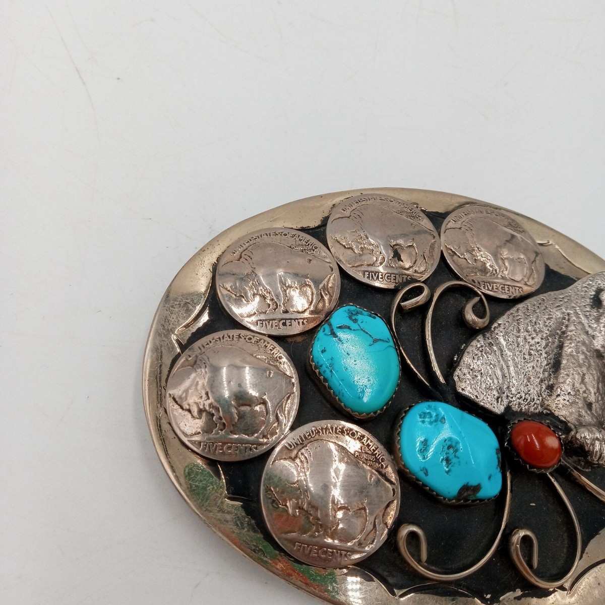 Grizzly Bear Buffalo Nickels Belt Buckle Turquoise Coral Western Rockabilly Large Heavy Vintage Signed Navajo Turquoise Coral Twin Claw  main image 4
