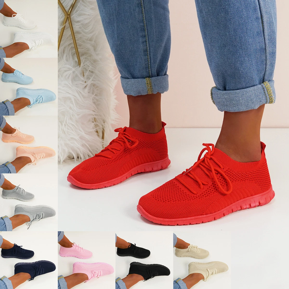 WOMENS TRAINERS KNIT LACE up SNEAKERS SUMMER LADIES COMFY SPORTS WOMEN SHOES