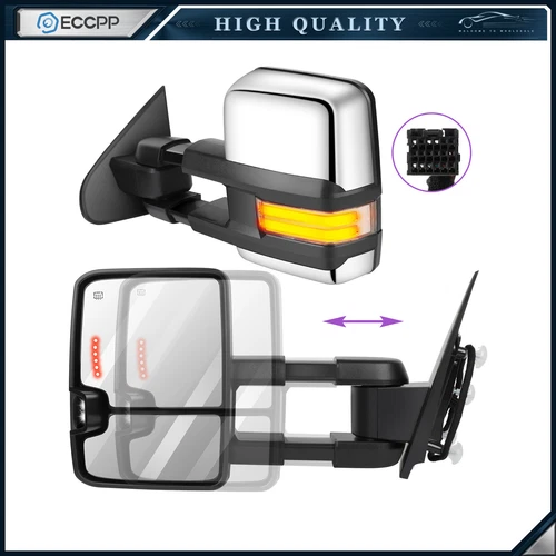 Chrome Power Heated LED Signal Tow Mirrors For 14-18 Chevy Silverado Sierra Pair