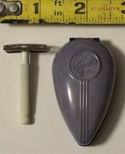 VINTAGE RAZORETTE MINIATURE DOUBLE EDGE SAFETY RAZOR SET IN PURPLE & BLUE CASE