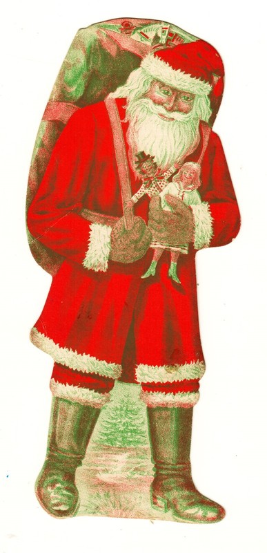 Vintage Christmas Santa with dolls ad card, 9 inches tall, Beautiful ad card