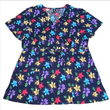 Barco Navy Blue Floral Pink Yellow Flower Scrub Shirt Size Small NWOT  READ  