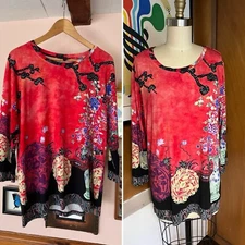 CITRON SANTA MONICA floral Asian Top Rayon Jersey Sz XL red black
