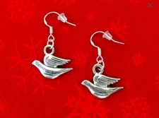 SILVER DOVE OF PEACE SIGN BIRD EARRINGS~CHRISTMAS EASTER GIFT~925 STERLING HOOKS