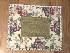 Quilted Table Topper green, pink flowers 13 x 15..5liner on the back