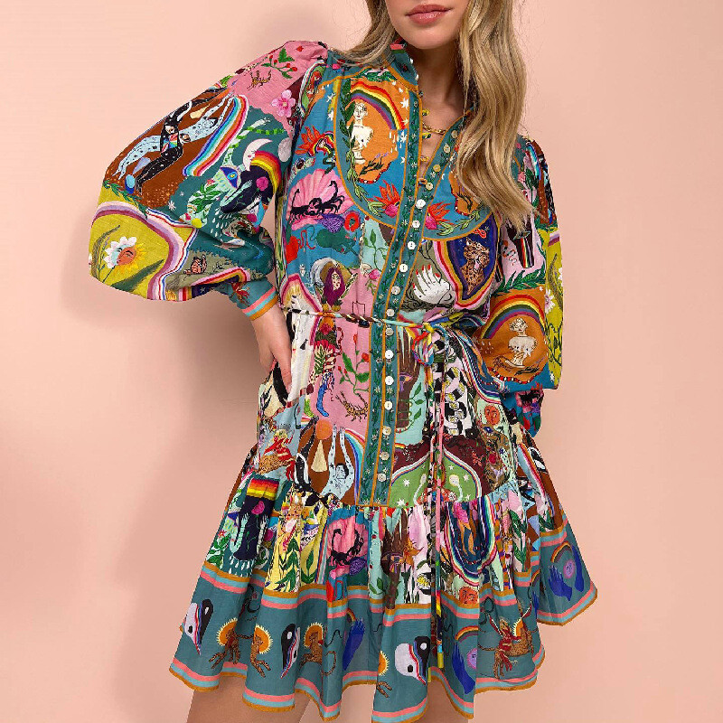 Maxi Dress Long-sleeved Printed Strap Dress Cotton and Linen Pleated Dress Women-image