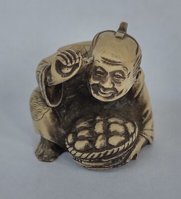 Vintage Japanese Resin Carved 1 3/4'' Netsuke-Elder Man w/Basket Potatoes or Pie?
