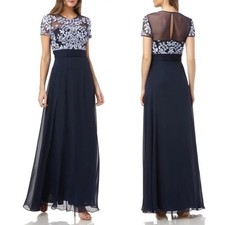 JS Collections Embroidered Illusion Bodice Chiffon Gown Periwinkle Navy - Size 6