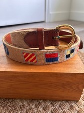 Dan Place VG tan dogs sailing flags preppy needlepoint belt 32