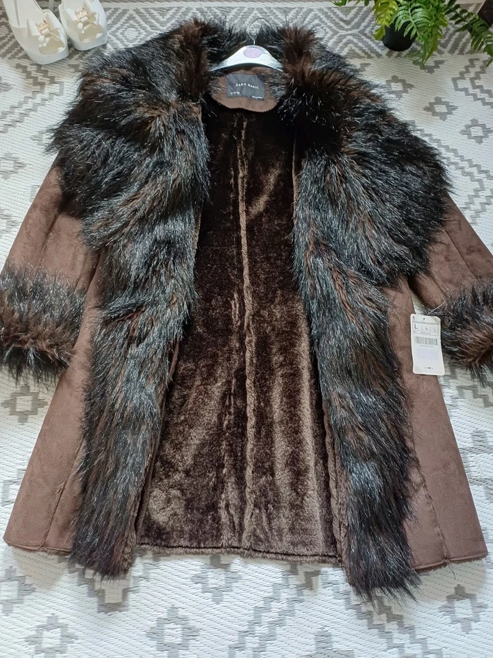 Zara Dark Brown Gorgeous Fur Suede Style Long 🍂 Autumn Winter Coat L 12 14 - Image 2 of 4