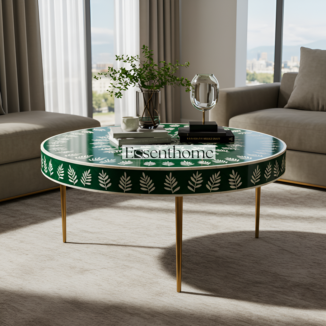 Essenthome Green Bone Inlay Round Coffee Table – Handmade Floral Accent Table